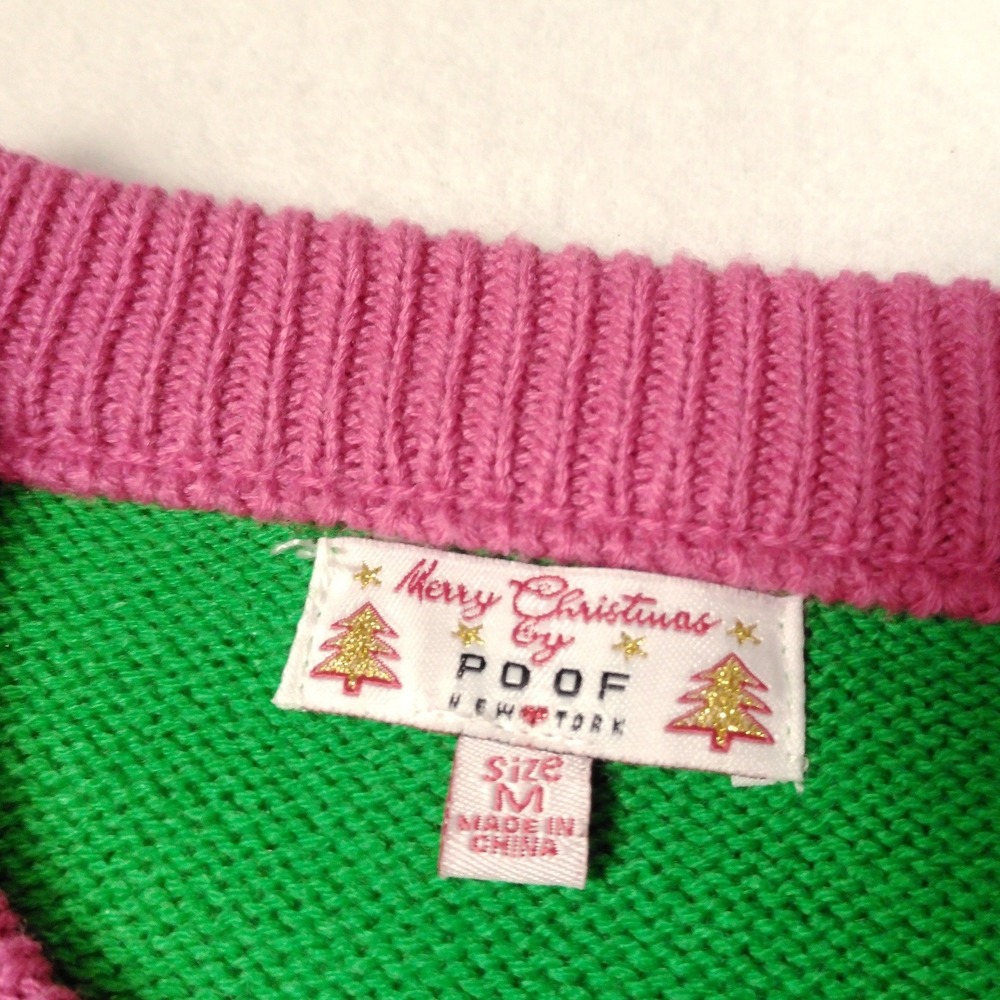 Poof New York Womens Green Flamingo Tropical Ugly Christmas Sweater Size M - Picture 3 of 9